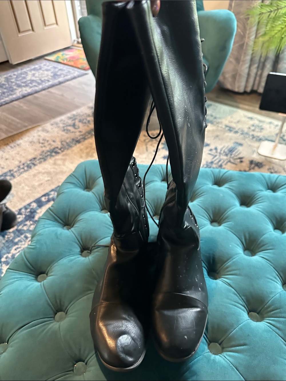 2 Lips Too Black Lace-Up Knee High Boots